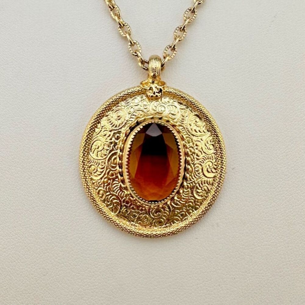 Vintage Pendant Necklace Victorian Style Medallion Light Topaz Color Glass Stone